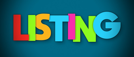 Listing - overlapping multicolor letters written on blue background