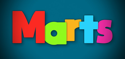 Marts - overlapping multicolor letters written on blue background