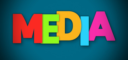 Media - overlapping multicolor letters written on blue background