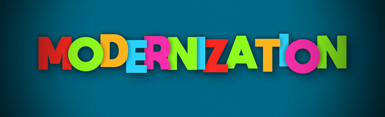 Modernization - overlapping multicolor letters written on blue background
