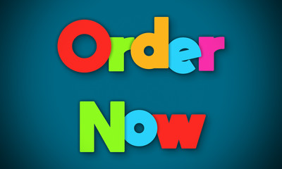 Order Now - overlapping multicolor letters written on blue background