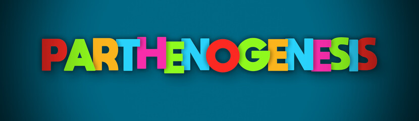 Parthenogenesis - overlapping multicolor letters written on blue background