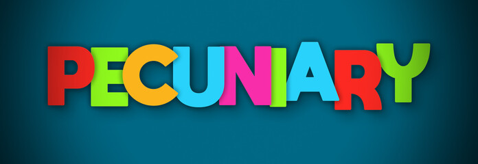Pecuniary - overlapping multicolor letters written on blue background