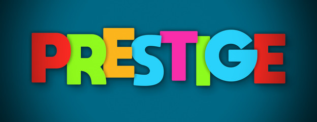 Prestige - overlapping multicolor letters written on blue background