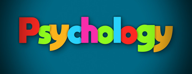 Psychology - overlapping multicolor letters written on blue background