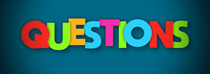 Questions - overlapping multicolor letters written on blue background
