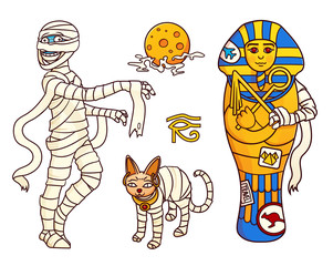 Cartoon Halloween characters set of images: Mummy,moon,sphinx cat, and sarcophagus. Vector isolated illustration. Can used for stickers, printing on   clothes, banners, posters, web design.