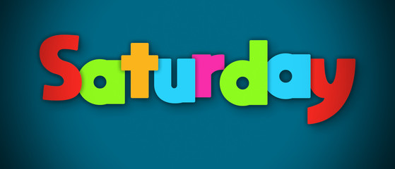 Saturday - overlapping multicolor letters written on blue background