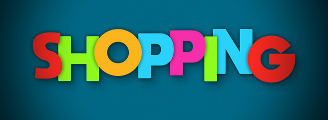 Shopping - overlapping multicolor letters written on blue background