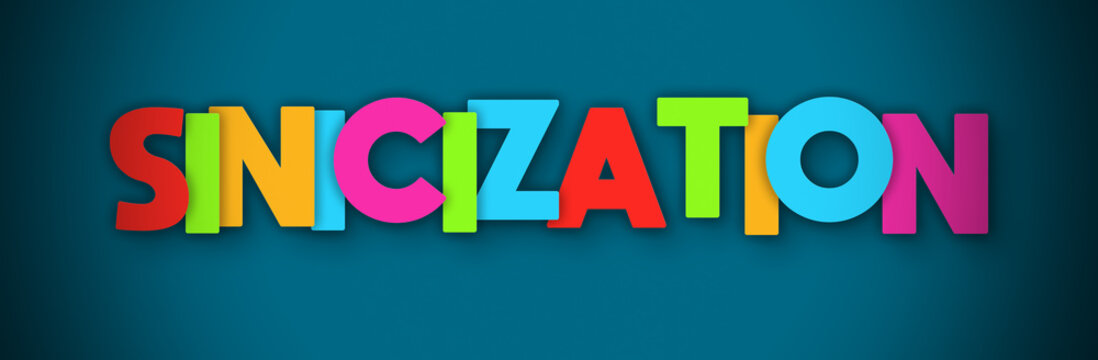 Sinicization - overlapping multicolor letters written on blue background
