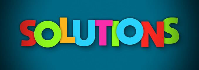 Solutions - overlapping multicolor letters written on blue background