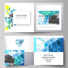 The vector illustration of editable layout of two covers templates for square design bifold brochure, magazine, flyer, booklet. Blue color polygonal background with triangles, colorful mosaic pattern.