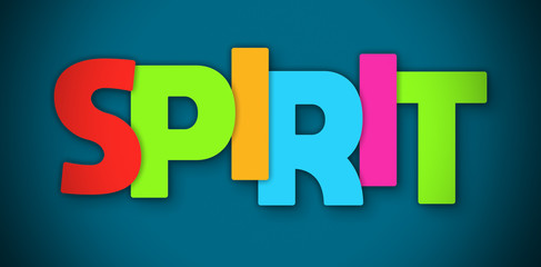 Spirit - overlapping multicolor letters written on blue background