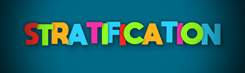 Stratification - overlapping multicolor letters written on blue background