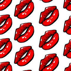Woman mouth colored lipstick seampess pattern modern pop art style. Romantic Valentines Day design. Vector retro sketch illustration. Girl sexy lips.