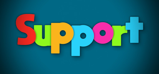 Support - overlapping multicolor letters written on blue background