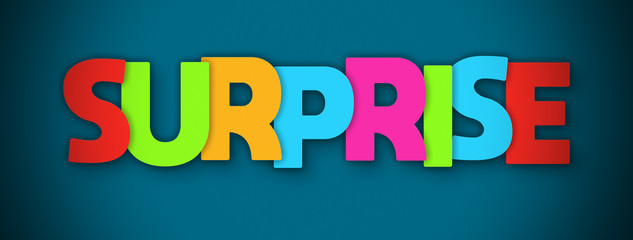 Surprise - overlapping multicolor letters written on blue background