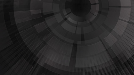 Abstract background of concentric circular elements and halftone dots in black and gray colors