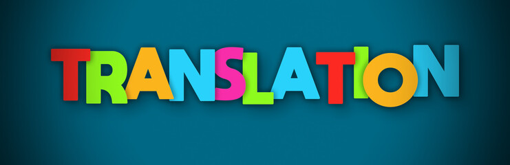Translation - overlapping multicolor letters written on blue background