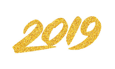 Happy New Year 2019 greeting card design template with golden text isolated on white background. Calligraphy for chinese year of the pig. Vector illustration