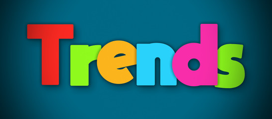 Trends - overlapping multicolor letters written on blue background