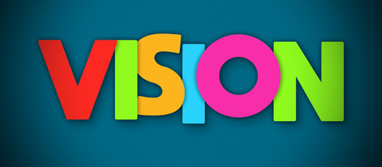 Vision - overlapping multicolor letters written on blue background