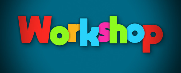 Workshop - overlapping multicolor letters written on blue background