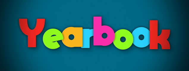 Yearbook - overlapping multicolor letters written on blue background