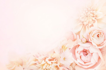 Summer blossoming delicate rose on blooming flowers festive background, pastel and soft bouquet floral card