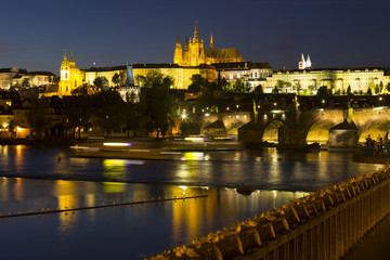 Prague gothic Castle with the Lesser Town above River Vltava in the Night, Czech Republic