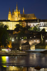 Prague gothic Castle with the Lesser Town above River Vltava in the Night, Czech Republic