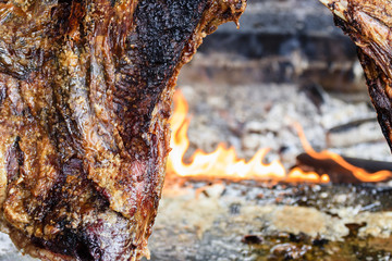 Fototapeta na wymiar Close in brazilian beef rib, Brazilian Gaucho barbecue.