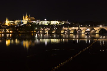 Prague gothic Castle with the Lesser Town above River Vltava in the Night, Czech Republic