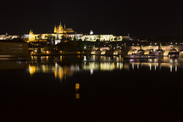 Prague gothic Castle with the Lesser Town above River Vltava in the Night, Czech Republic