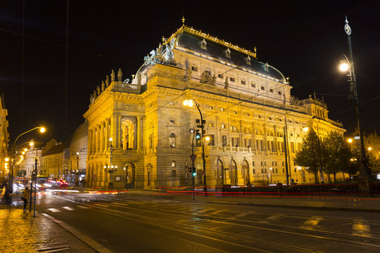 The night View on the Prague National Theater above the River Vltava, Czech Republic