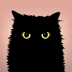 Angry black cat face with big eyes on the peach color background. Yellow cat's eyes. Flat and minimal style. Vector Illusatration.