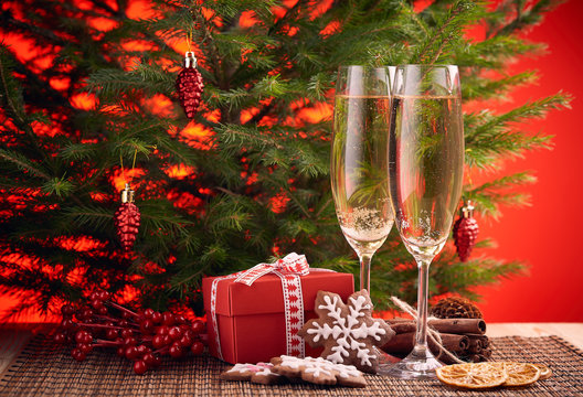 Champagne and gift. New year and Christmas.