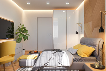 3d illustration of bedroom interior design concept in scandinavian style