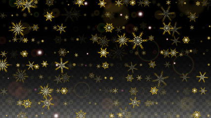 Christmas  Vector Background with Gold Falling Snowflakes Isolated on Transparent Background. Realistic Snow Sparkle Pattern. Snowfall Overlay Print. Winter Sky. Design for Party Invitation.