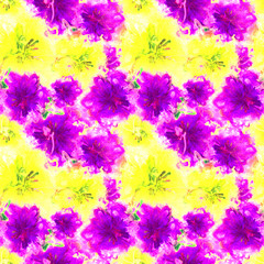 Fototapeta na wymiar Floral Watercolor Pattern. Summer Vintage Flower Print. Modern Dress Design. Bud Repeating Wallpaper Design. Meadow Flowers Illustration. Spring Illustration for Textile. Exotic Flower. Hibiscus.