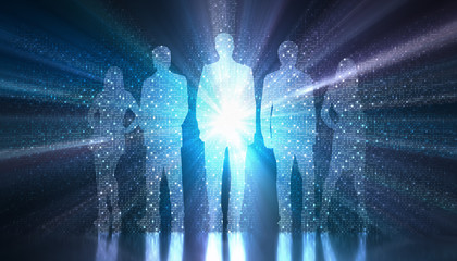 Binary light coming out of the silhouette of a group of people. Concept image of the digitized and...