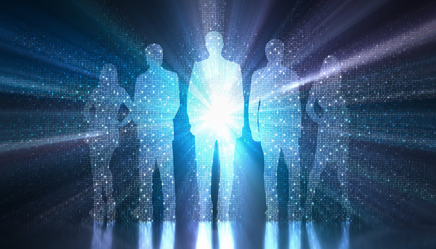 Binary light coming out of the silhouette of a group of people. Concept image of the digitized and globalized world.