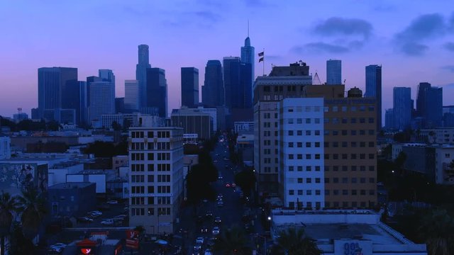 Los Angeles Downtown from Westlake Aerial Hyperlapse Telephoto Shot at Night