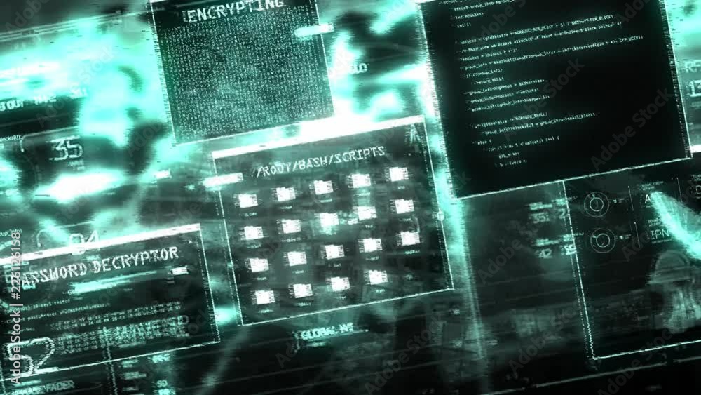Wall mural retro hacker screen witch heavy distortion glitch fx. password and data decryption. green blue versi