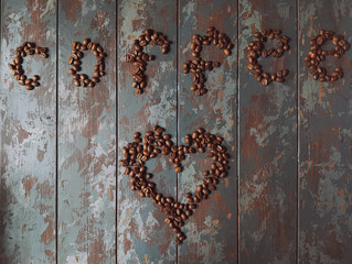 Fresh roasted coffee beans on rustic wooden table in shape of heart and word coffee, top view