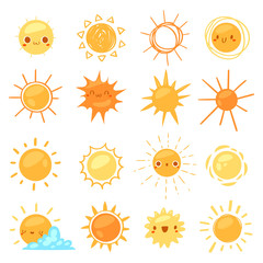Sun vector sunny icon with yellow sunlight and sunshine emoticon illustration set of bright sunburst weather sign sunset or sunrise isolated on white background