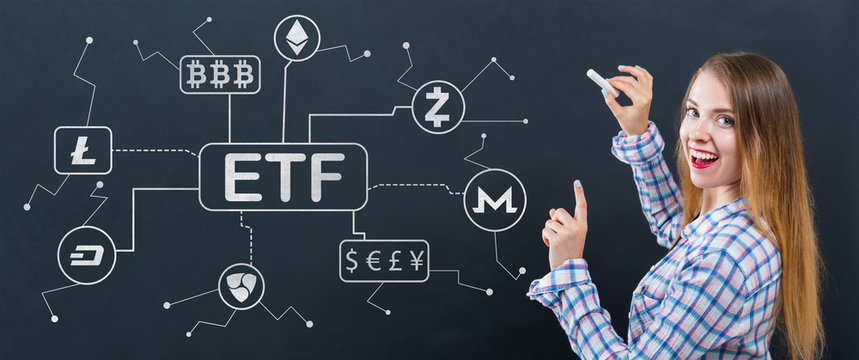 Cryptocurrency ETF theme with young woman writing on a blackboard