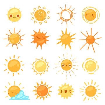 Sun vector sunny icon with yellow sunlight and sunshine emoticon illustration set of bright sunburst weather sign sunset or sunrise isolated on white background