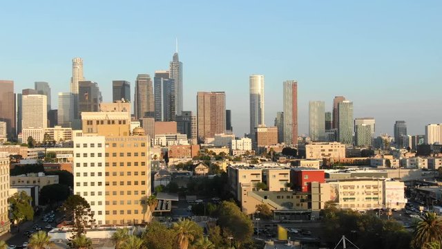 Los Angeles Downtown Skyline from Westlake Aerial Telephoto Shot at Sunset 