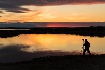 Sunset of cameraman at Myvattn Iceland